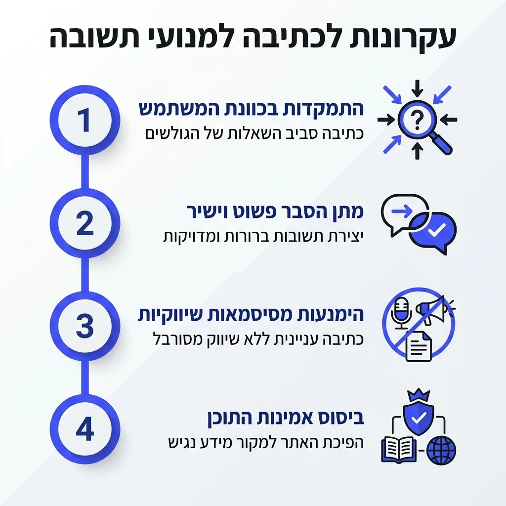 אינפוגרפיקה — עקרונות לכתיבה למנועי תשובה: התמקדות בכוונת המשתמש, מתן הסבר פשוט וישיר, הימנעות מסיסמאות שיווקיות, ביסוס אמינו