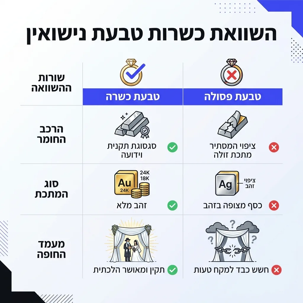 אינפוגרפיקה — השוואת כשרות טבעת נישואין: השוואה בין טבעת כשרה, טבעת פסולה