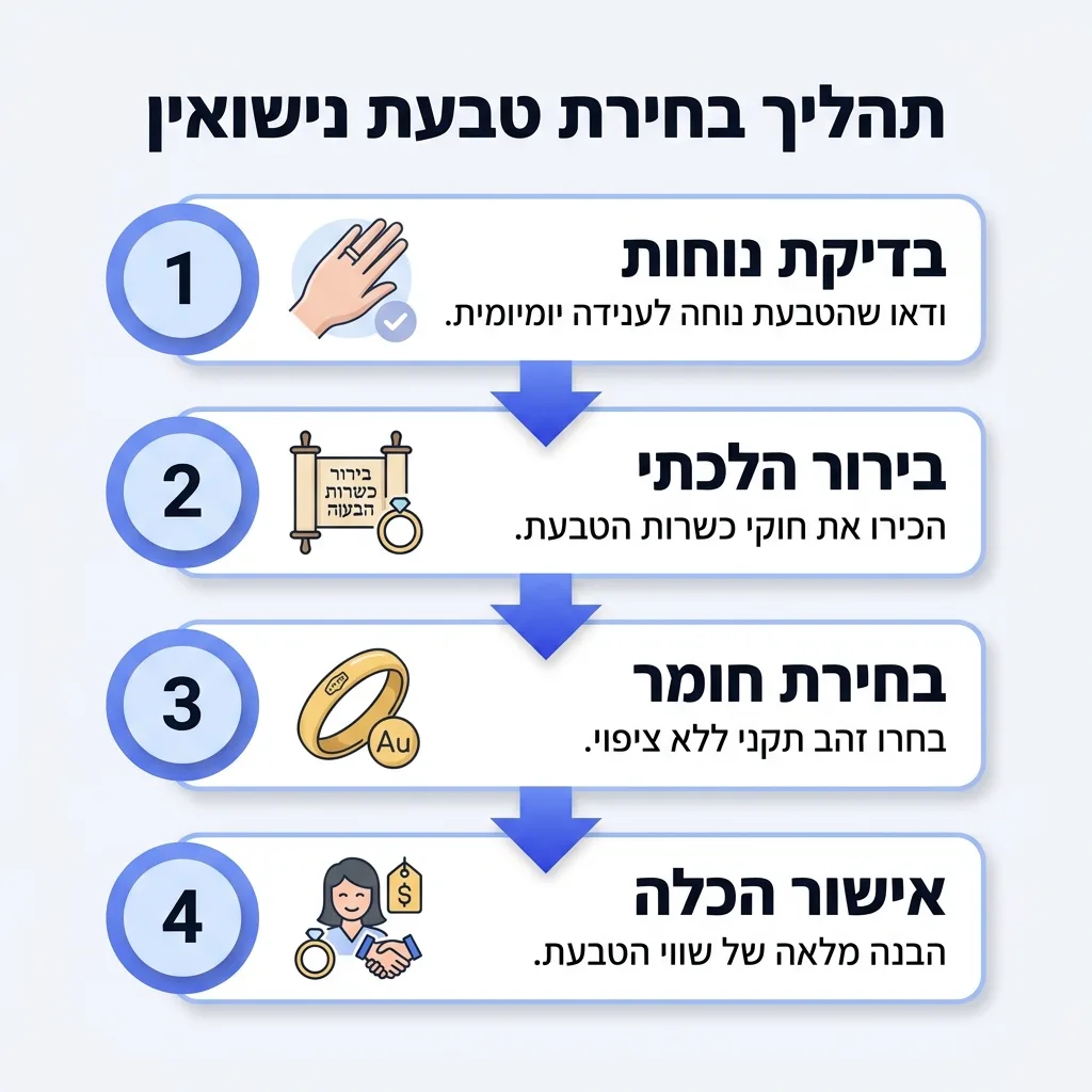 אינפוגרפיקה — תהליך בחירת טבעת נישואין: בדיקת נוחות, בירור הלכתי, בחירת חומר, אישור הכלה