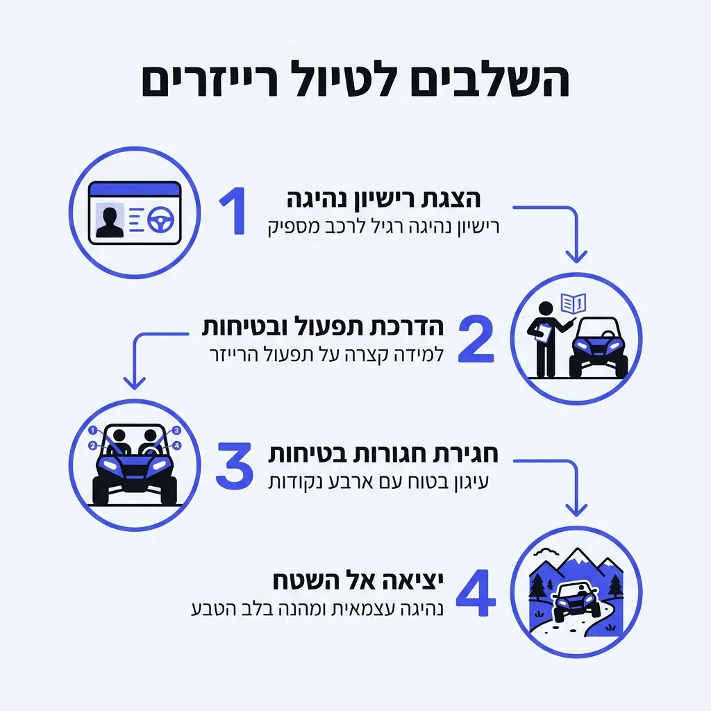 אינפוגרפיקה — השלבים לטיול רייזרים: הצגת רישיון נהיגה, הדרכת תפעול ובטיחות, חגירת חגורות בטיחות, יציאה אל השטח