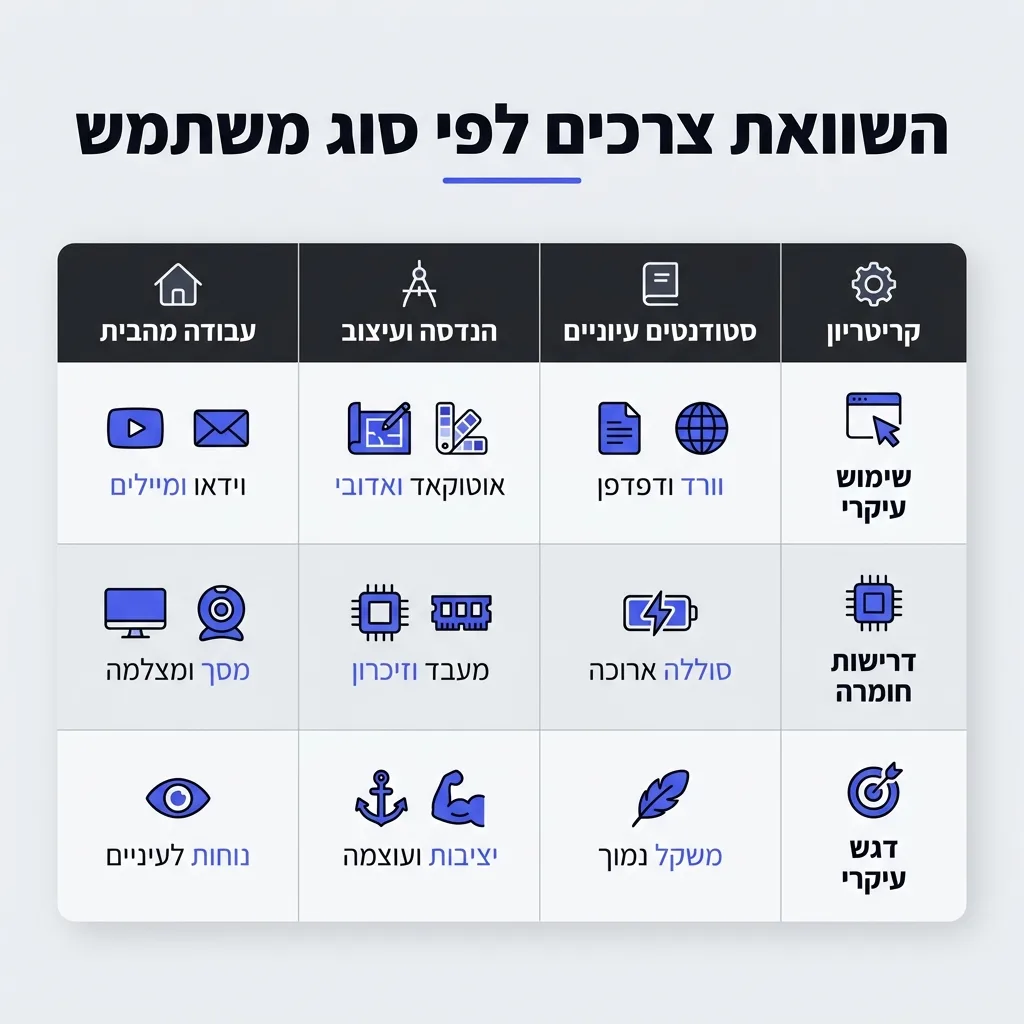 אינפוגרפיקה — השוואת צרכים לפי סוג משתמש: השוואה בין סטודנטים עיוניים, הנדסה ועיצוב, עבודה מהבית