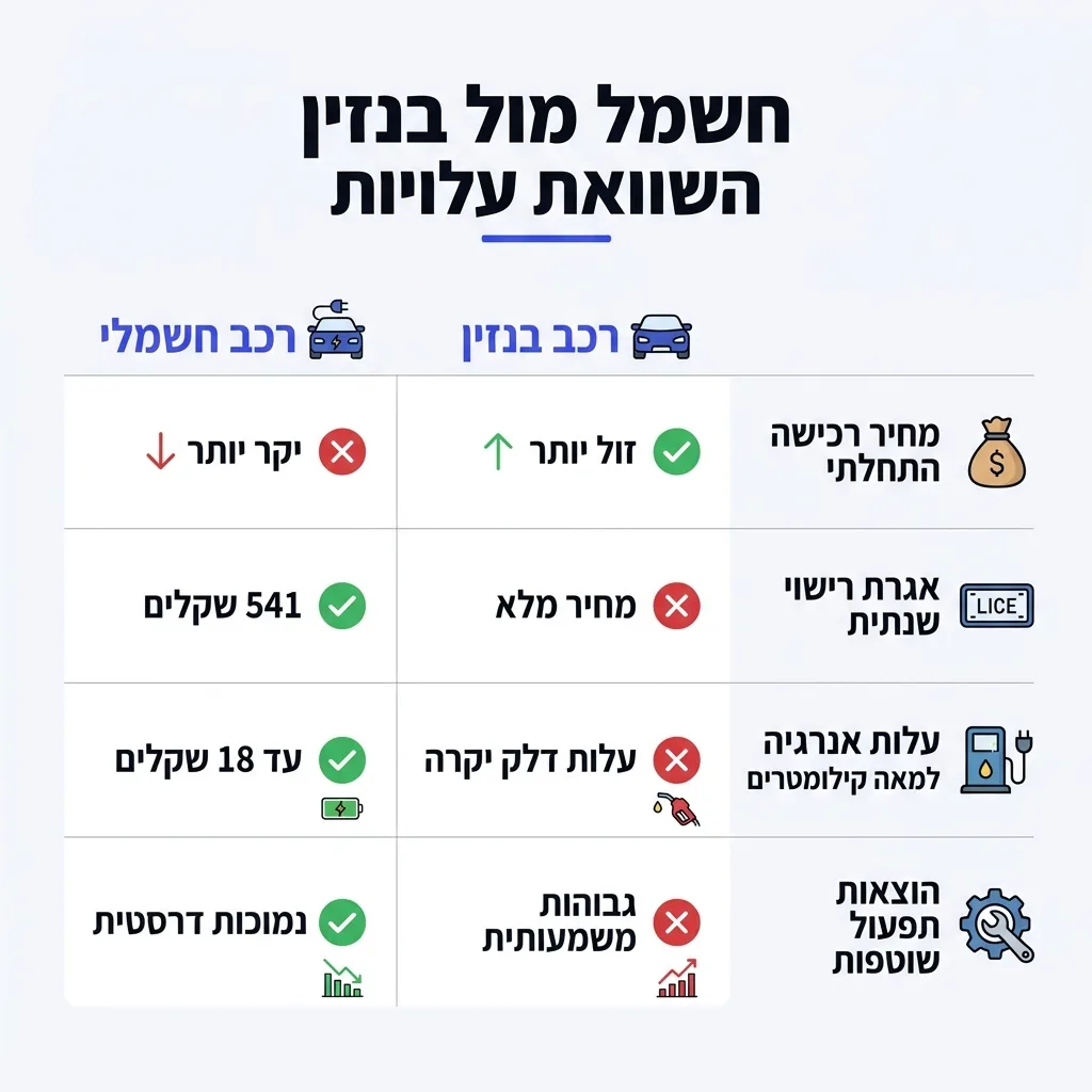 אינפוגרפיקה — חשמל מול בנזין השוואת עלויות: השוואה בין רכב חשמלי, רכב בנזין