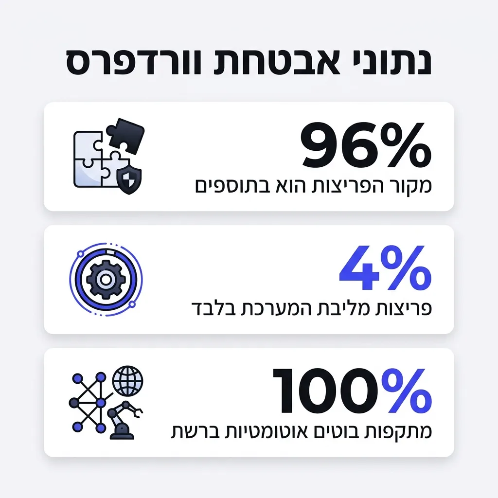 אינפוגרפיקה — נתוני אבטחת וורדפרס: מקור הפריצות הוא בתוספים, פריצות מליבת המערכת בלבד, מתקפות בוטים אוטומטיות ברשת
