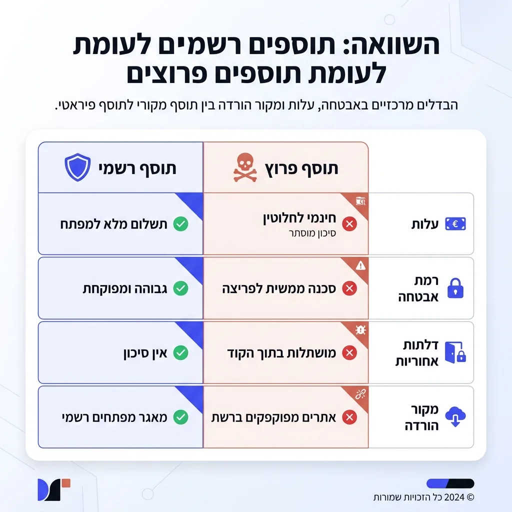 אינפוגרפיקה — תוספים רשמיים לעומת תוספים פרוצים: השוואה בין תוסף רשמי, תוסף פרוץ
