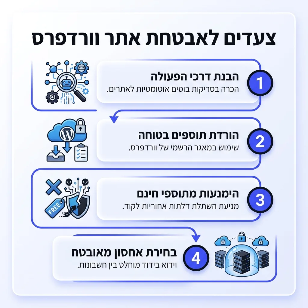 אינפוגרפיקה — צעדים לאבטחת אתר וורדפרס: הבנת דרכי הפעולה, הורדת תוספים בטוחה, הימנעות מתוספי חינם, בחירת אחסון מאובטח