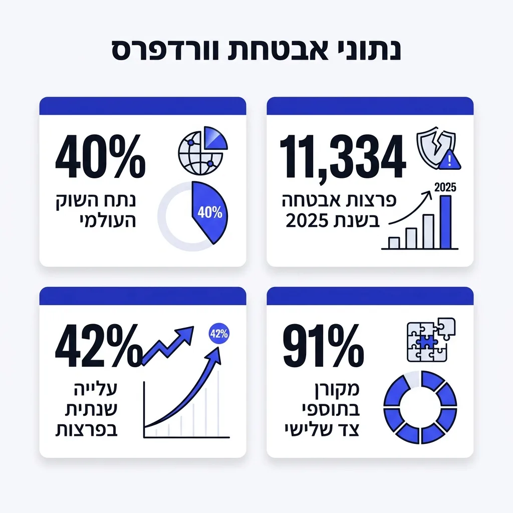 אינפוגרפיקה — נתוני אבטחת וורדפרס: נתח השוק העולמי, פרצות אבטחה בשנת 2025, עלייה שנתית בפרצות, מקורן בתוספי צד שלישי