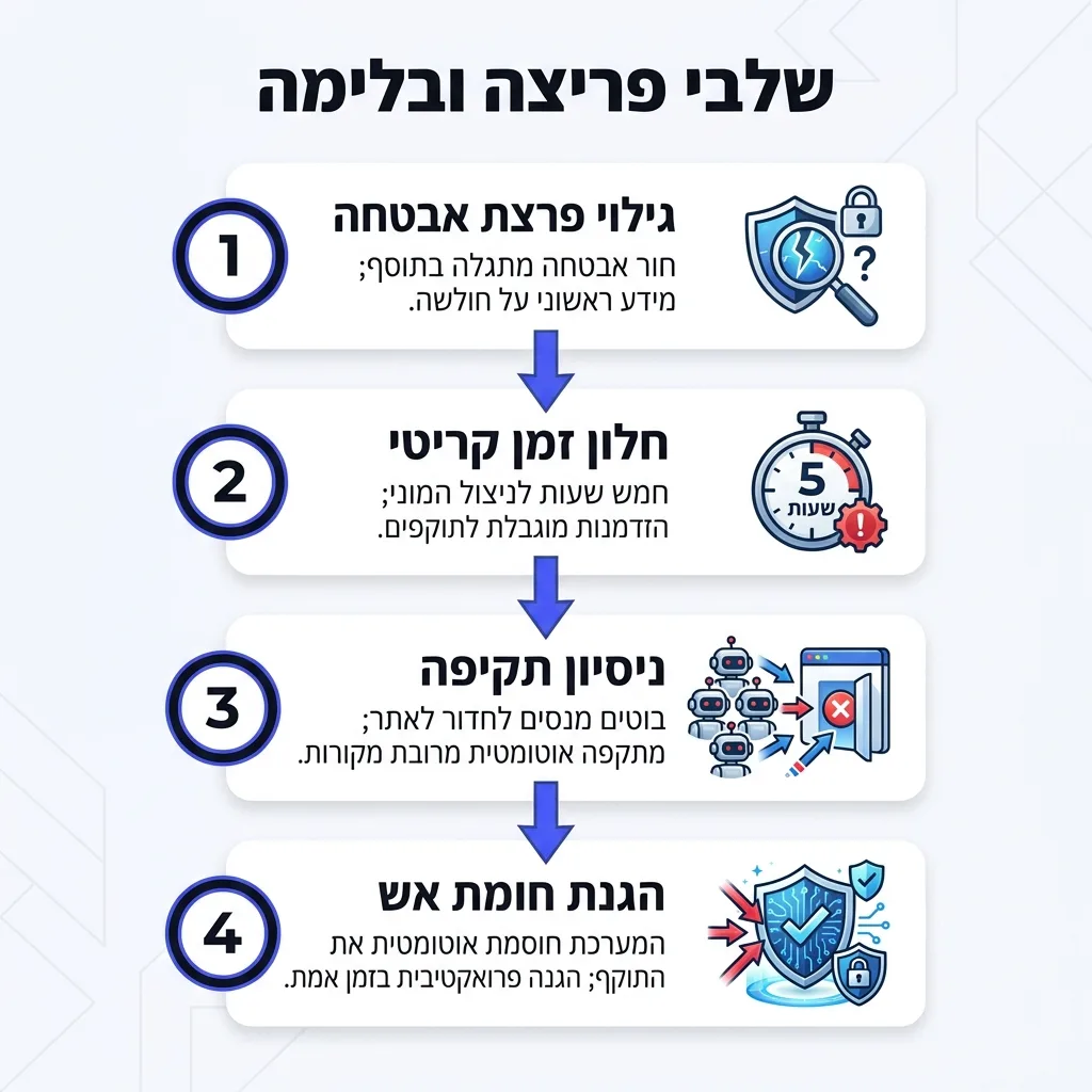 אינפוגרפיקה — שלבי פריצה ובלימה: גילוי פרצת אבטחה, חלון זמן קריטי, ניסיון תקיפה, הגנת חומת אש