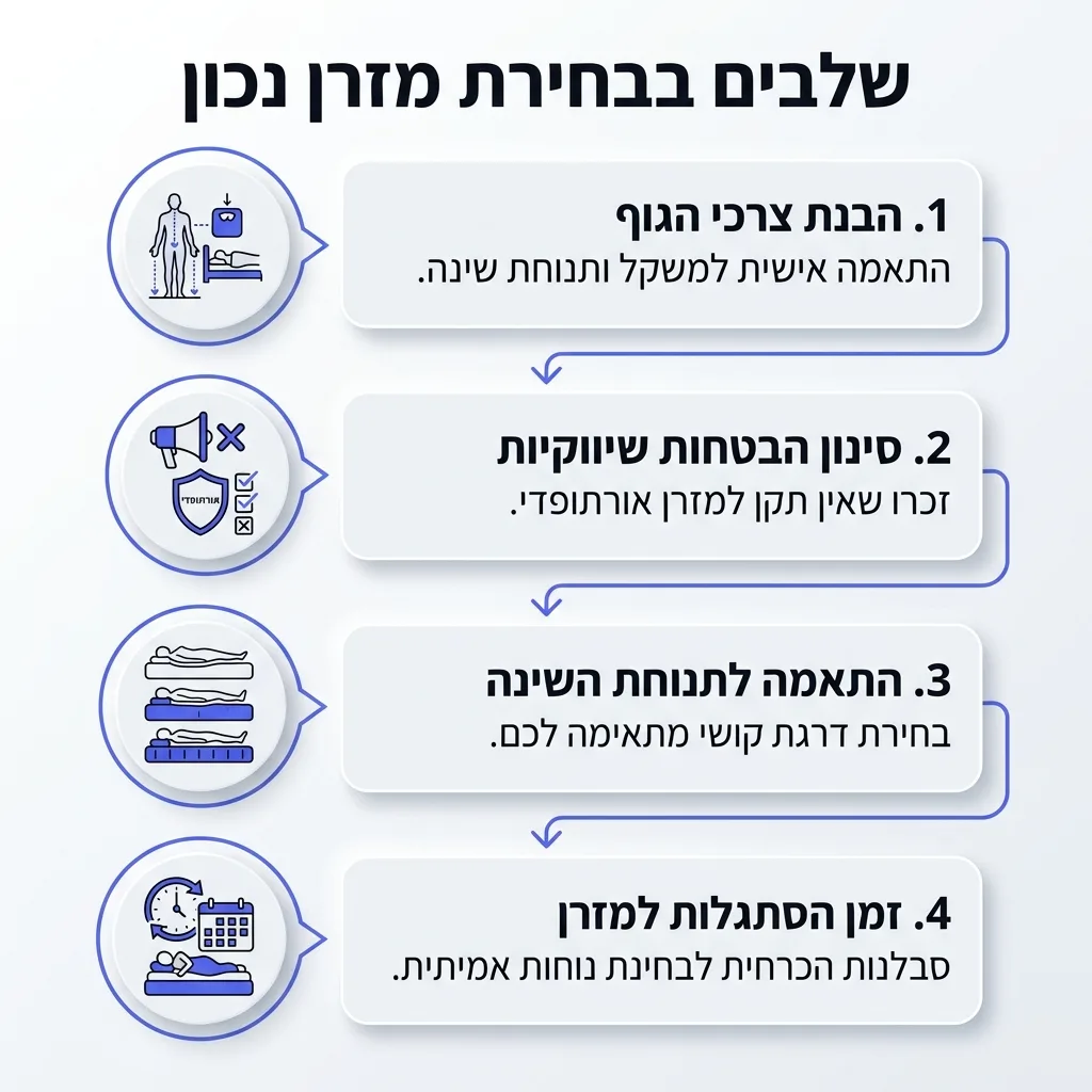 אינפוגרפיקה — שלבים בבחירת מזרן נכון: הבנת צרכי הגוף, סינון הבטחות שיווקיות, התאמה לתנוחת השינה, זמן הסתגלות למזרן