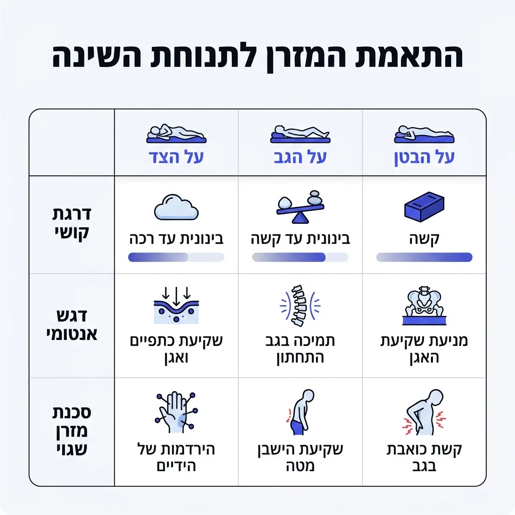 אינפוגרפיקה — התאמת המזרן לתנוחת השינה: השוואה בין על הצד, על הגב, על הבטן
