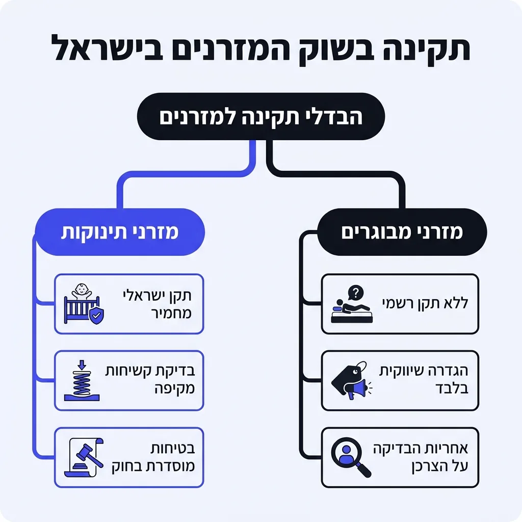 אינפוגרפיקה — תקינה בשוק המזרנים בישראל: הבדלי תקינה למזרנים