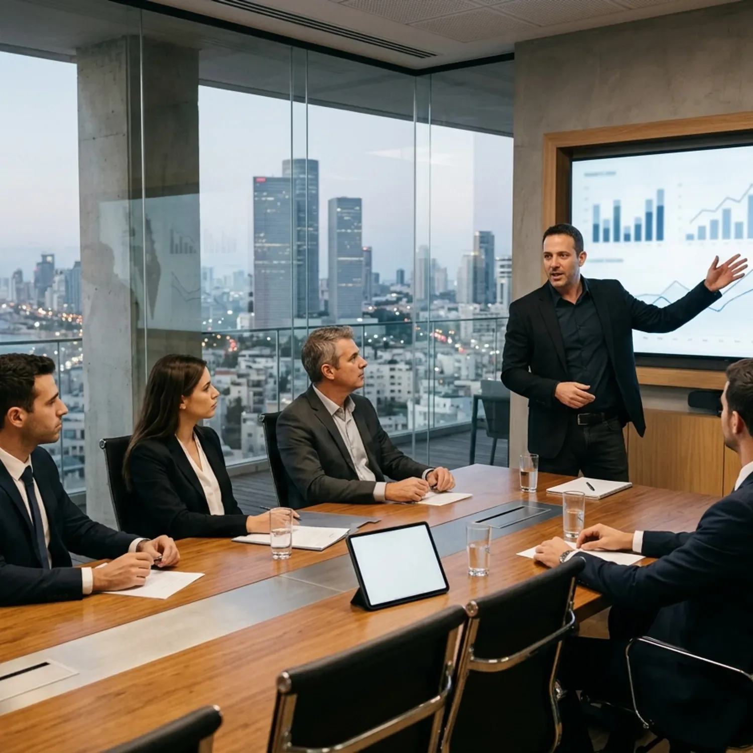 צילום מציאותי של פגישת משקיעים בחדר ישיבות זכוכית המשקיף על תל אביב, יזם מציג גרפים על מסך גדול, משקיעים יושבים סביב השולחן המעוצב