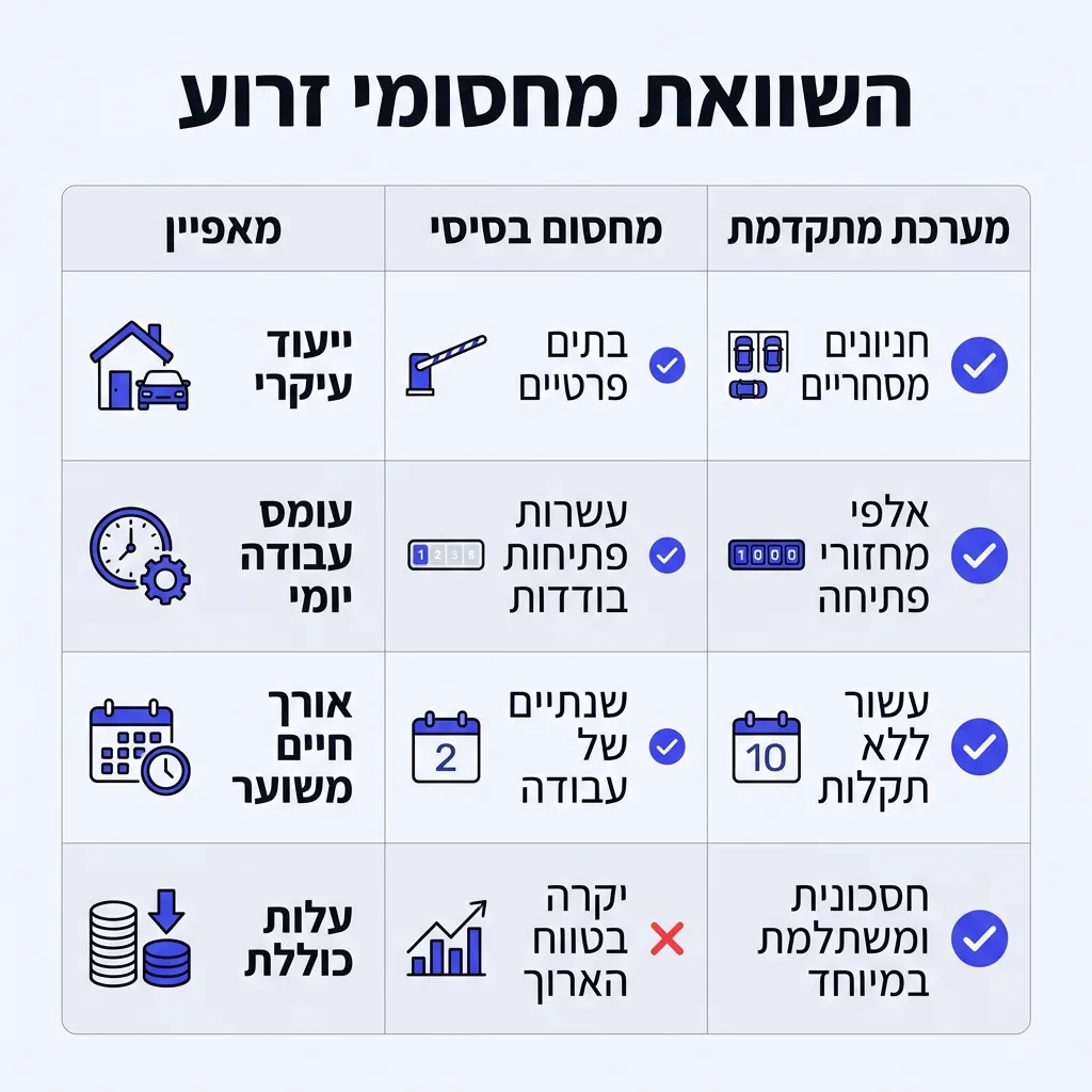 אינפוגרפיקה — השוואת מחסומי זרוע: השוואה בין מחסום בסיסי, מערכת מתקדמת