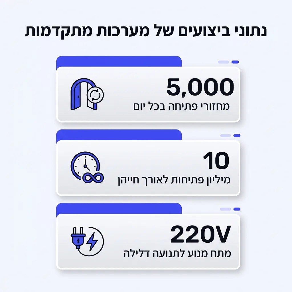 אינפוגרפיקה — נתוני ביצועים של מערכות מתקדמות: מחזורי פתיחה בכל יום, מיליון פתיחות לאורך חייהן, מתח מנוע לתנועה דלילה