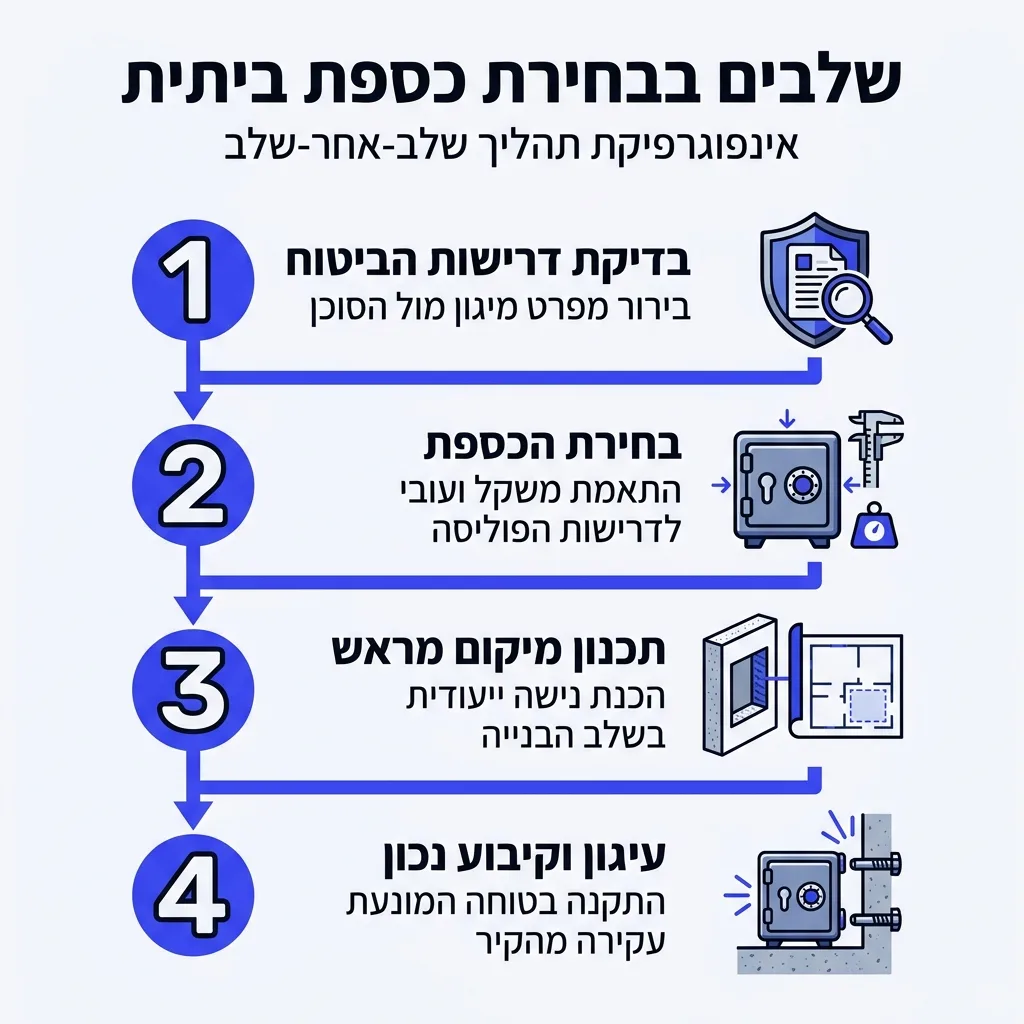 אינפוגרפיקה — שלבים בבחירת כספת ביתית: בדיקת דרישות הביטוח, בחירת הכספת, תכנון מיקום מראש, עיגון וקיבוע נכון
