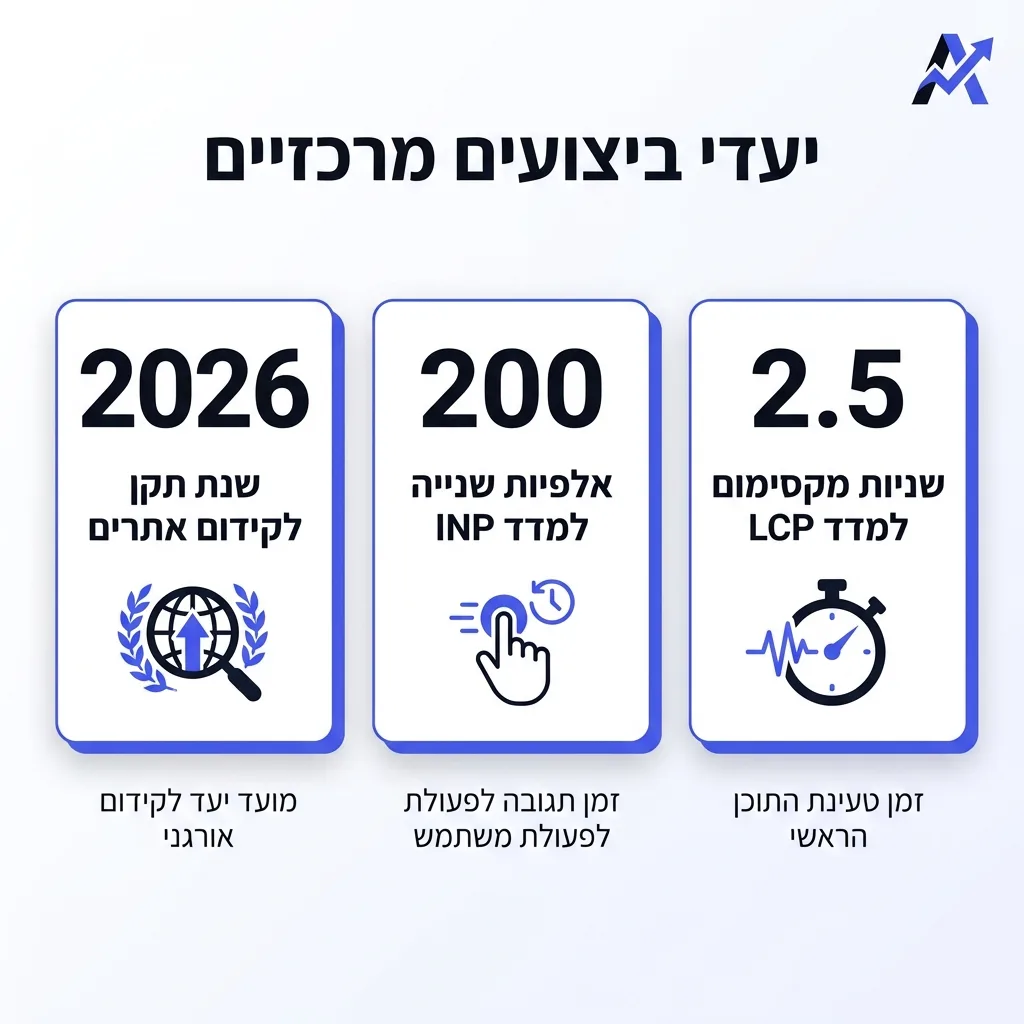 אינפוגרפיקה — יעדי ביצועים מרכזיים: שניות מקסימום למדד LCP, אלפיות שנייה למדד INP, שנת תקן לקידום אתרים