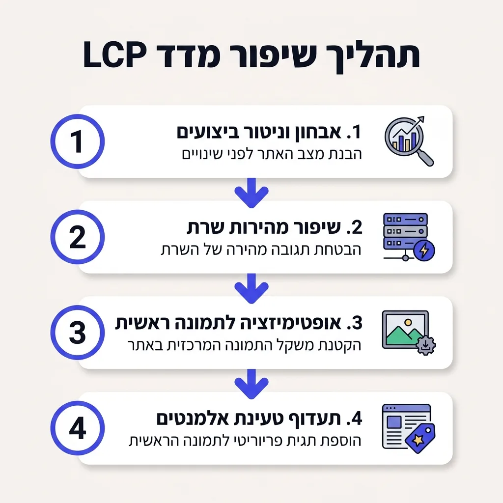 אינפוגרפיקה — תהליך שיפור מדד LCP: אבחון וניטור ביצועים, שיפור מהירות שרת, אופטימיזציה לתמונה ראשית, תעדוף טעינת אלמנטים
