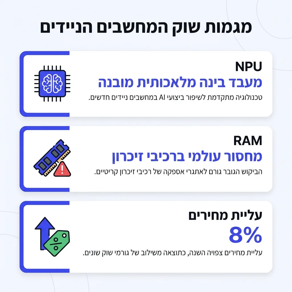 אינפוגרפיקה — מגמות שוק המחשבים הניידים: מעבד בינה מלאכותית מובנה, מחסור עולמי ברכיבי זיכרון, עליית מחירים צפויה השנה