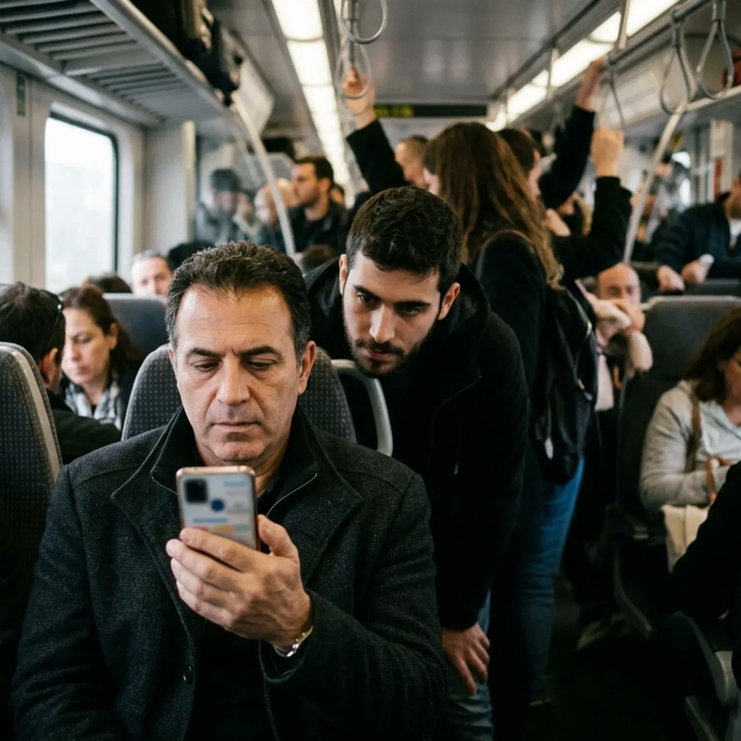 צילום ריאליסטי של אדם יושב ברכבת צפופה ומסתכל על מסך סמארטפון לא מאובטח, כשברקע אדם אחר מביט מעבר לכתפו לכיוון המסך, תאורה טבעית חצי אפלולית של קרון רכבת