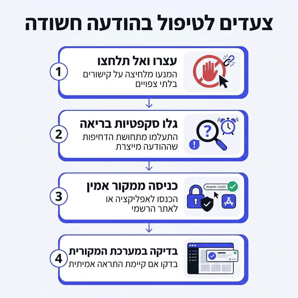אינפוגרפיקה — צעדים לטיפול בהודעה חשודה: עצרו ואל תלחצו, גלו סקפטיות בריאה, כניסה ממקור אמין, בדיקה במערכת המקורית