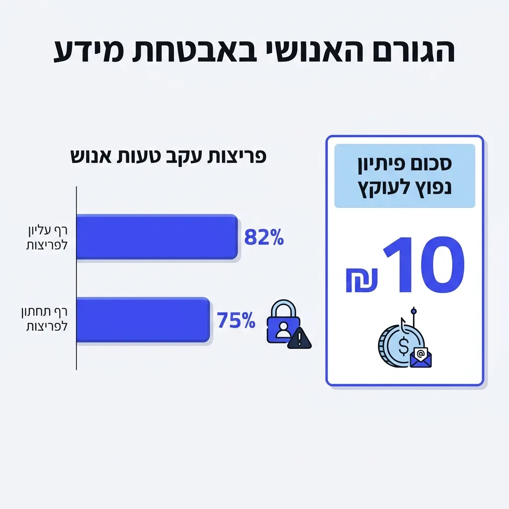 אינפוגרפיקה — הגורם האנושי באבטחת מידע: רף עליון לפריצות מאדם, רף תחתון לפריצות מאדם, סכום פיתיון נפוץ לעוקץ