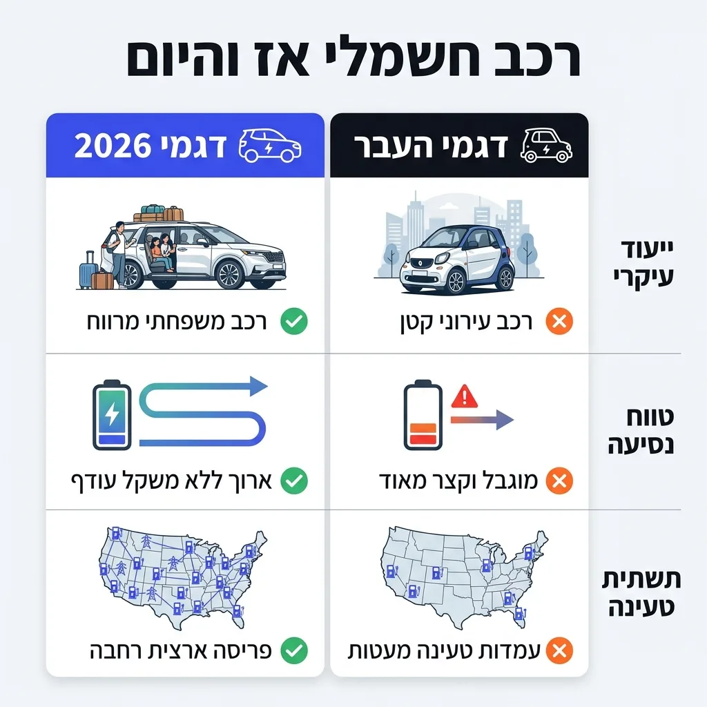 אינפוגרפיקה — רכב חשמלי אז והיום: השוואה בין דגמי 2026, דגמי העבר