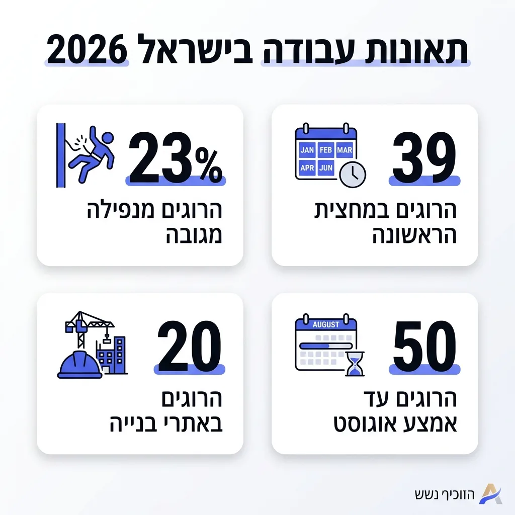 אינפוגרפיקה — תאונות עבודה בישראל 2026: הרוגים מנפילה מגובה, הרוגים במחצית הראשונה, הרוגים באתרי בנייה, הרוגים עד אמצע אוגוסט