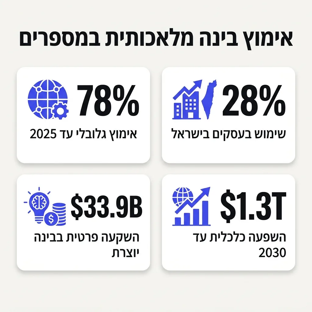 אינפוגרפיקה — אימוץ בינה מלאכותית במספרים: אימוץ גלובלי עד 2025, שימוש בעסקים בישראל, השקעה פרטית בבינה יוצרת, השפעה כלכלית ע