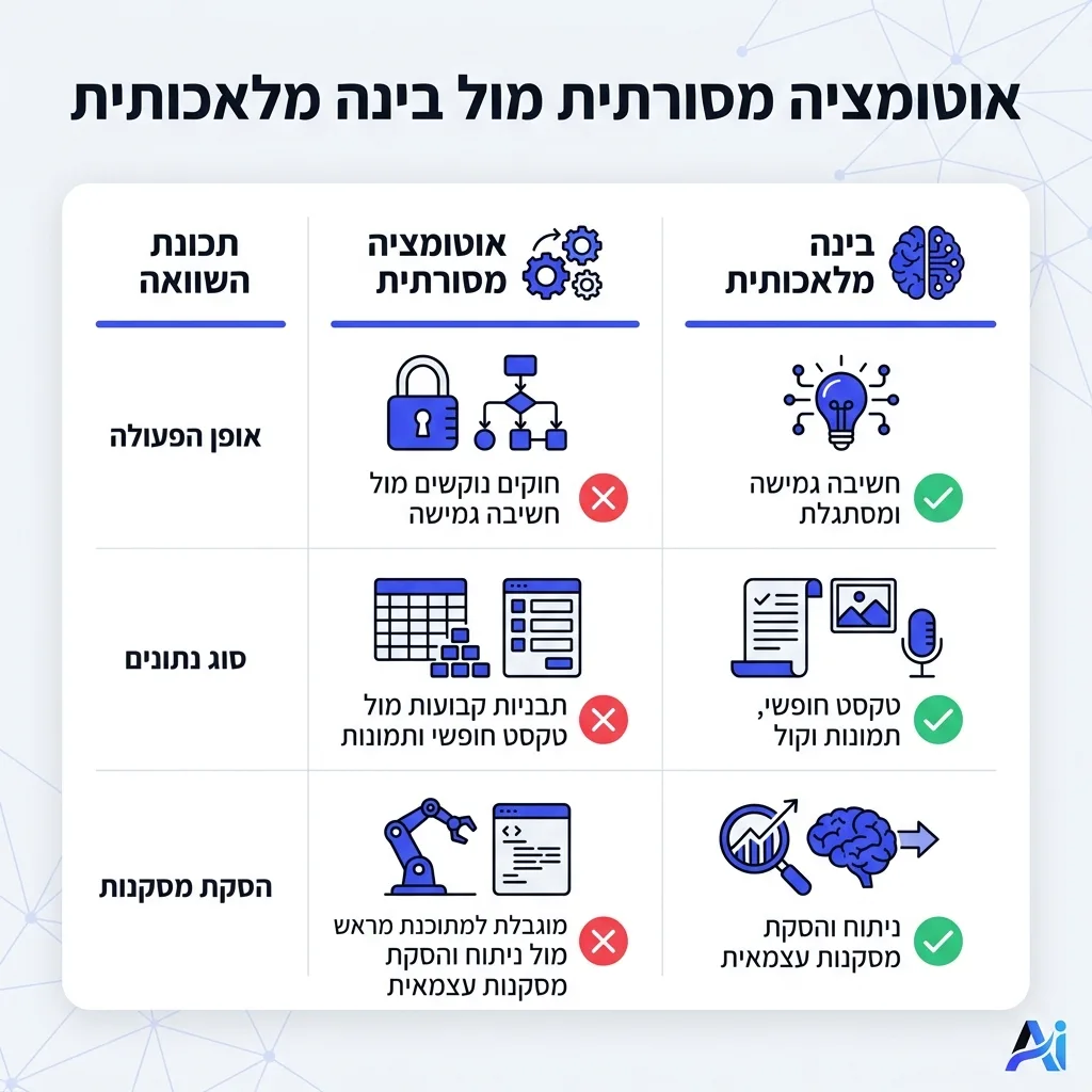 אינפוגרפיקה — אוטומציה מסורתית מול בינה מלאכותית: השוואה בין אוטומציה מסורתית, בינה מלאכותית