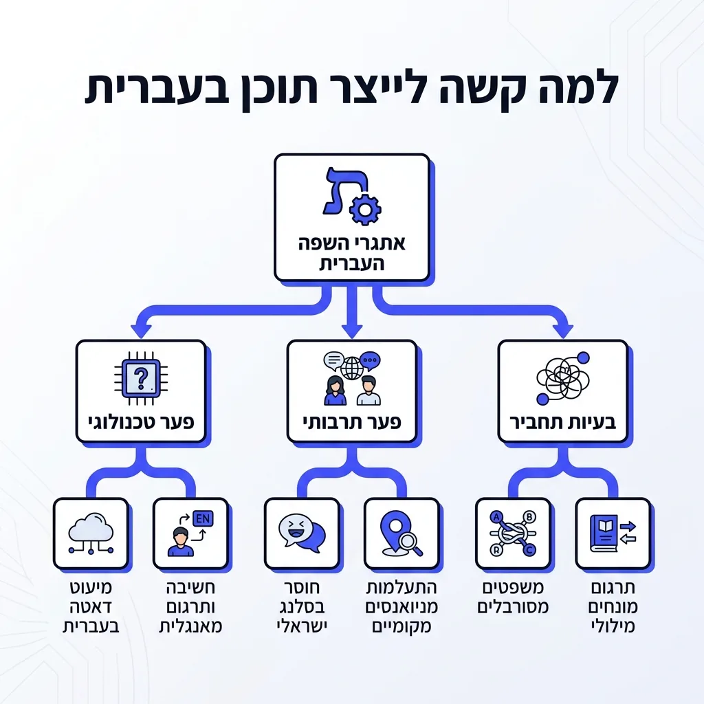 אינפוגרפיקה — למה קשה לייצר תוכן בעברית: אתגרי השפה העברית