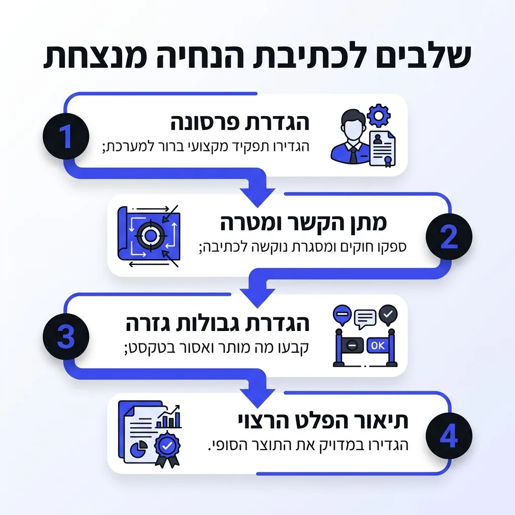 אינפוגרפיקה — שלבים לכתיבת הנחיה מנצחת: הגדרת פרסונה, מתן הקשר ומטרה, הגדרת גבולות גזרה, תיאור הפלט הרצוי