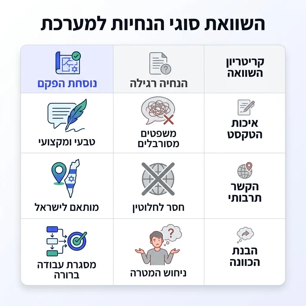 אינפוגרפיקה — השוואת סוגי הנחיות למערכת: השוואה בין הנחיה רגילה, נוסחת הפקם