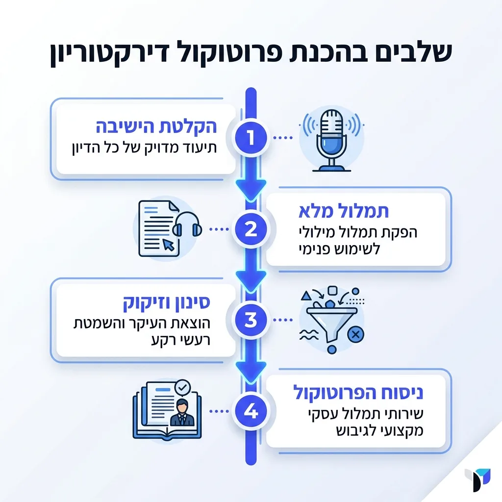 אינפוגרפיקה — שלבים בהכנת פרוטוקול דירקטוריון: הקלטת הישיבה, תמלול מלא, סינון וזיקוק, ניסוח הפרוטוקול
