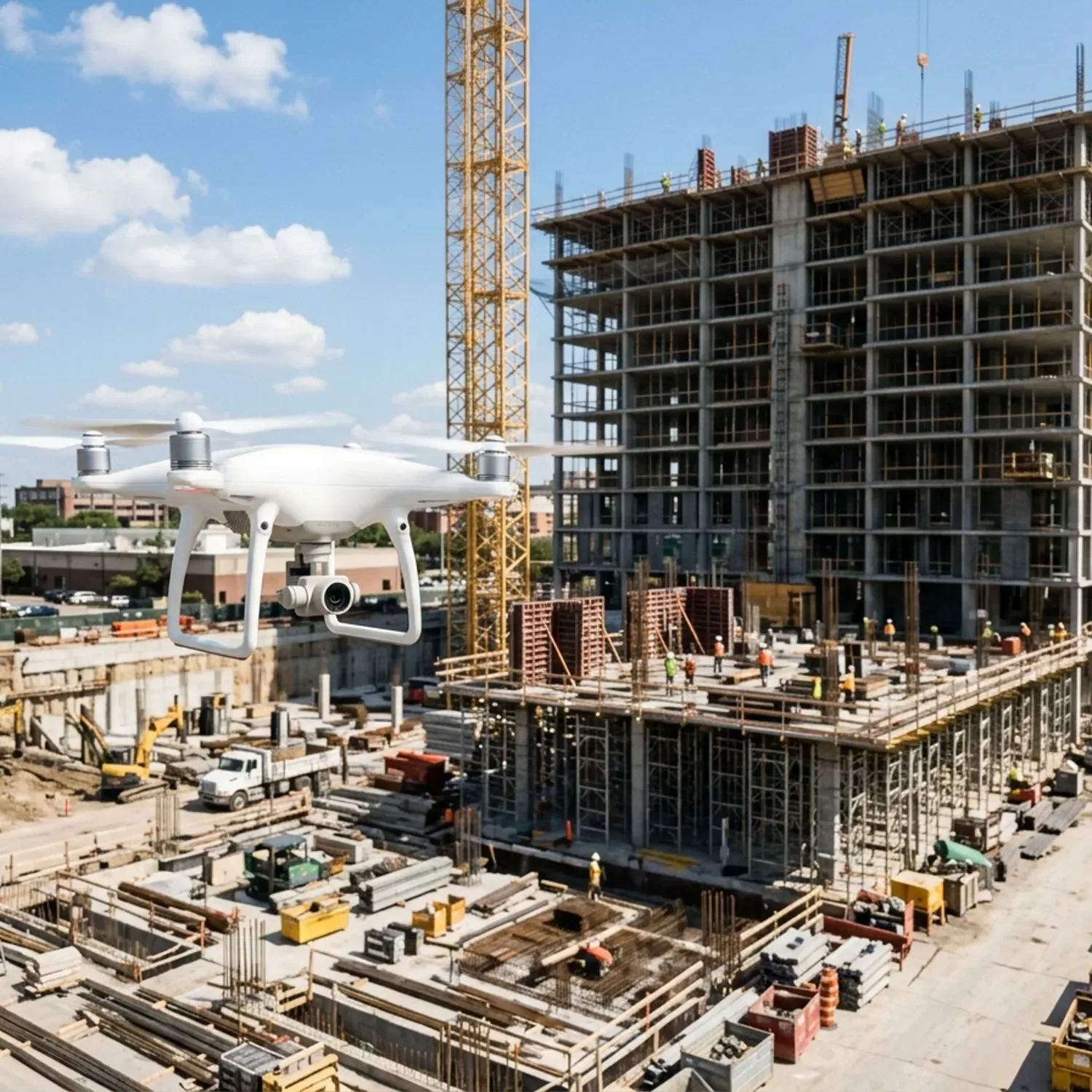 צילום ריאליסטי של רחפן לבן קטן עם מצלמה מרחף מעל אתר בנייה פעיל, ברקע שלד בניין ומנוף, אור יום טבעי ובהיר