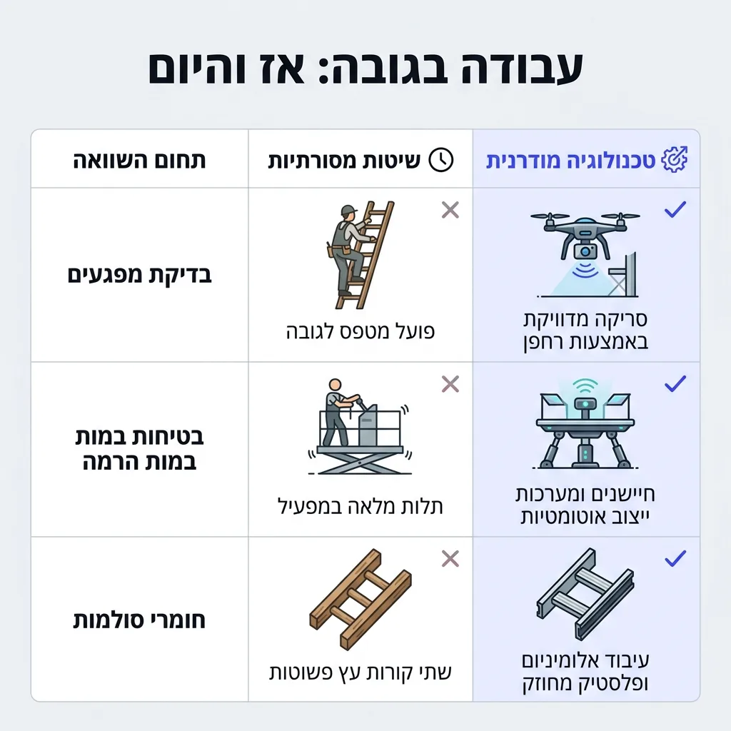 אינפוגרפיקה — עבודה בגובה: אז והיום: השוואה בין שיטות מסורתיות, טכנולוגיה מודרנית