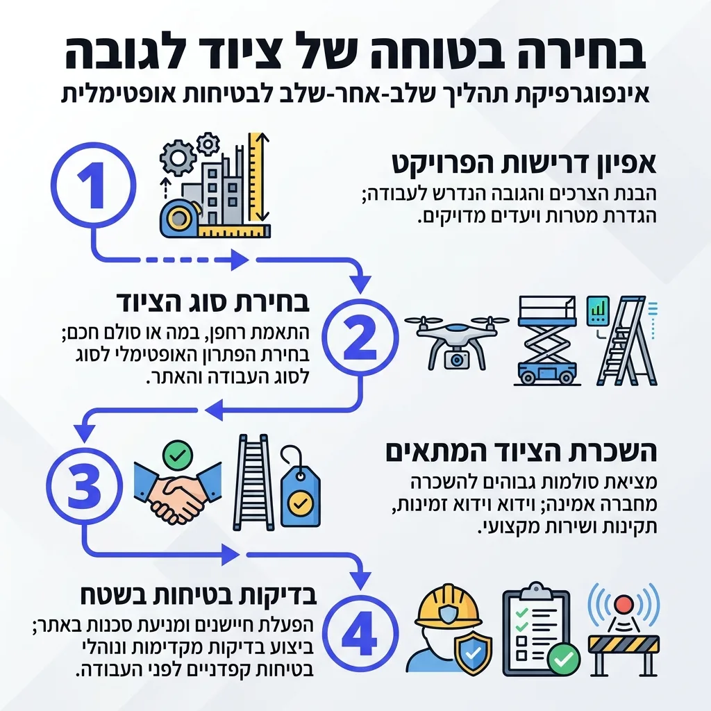 אינפוגרפיקה — בחירה בטוחה של ציוד לגובה: אפיון דרישות הפרויקט, בחירת סוג הציוד, השכרת הציוד המתאים, בדיקות בטיחות בשטח