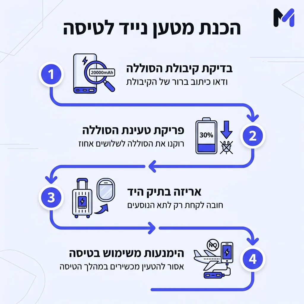 אינפוגרפיקה — הכנת מטען נייד לטיסה: בדיקת קיבולת הסוללה, פריקת טעינת הסוללה, אריזה בתיק היד, הימנעות משימוש בטיסה