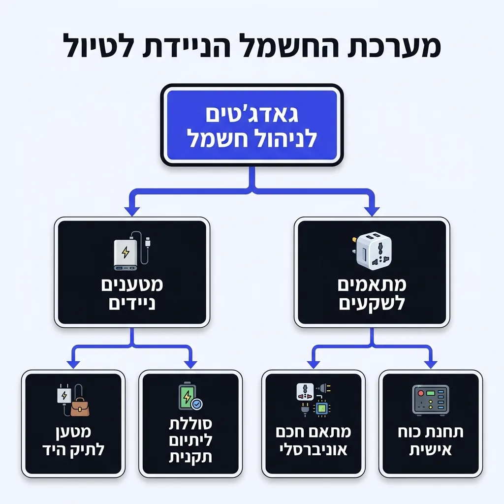 אינפוגרפיקה — מערכת החשמל הניידת לטיול: גאדג'טים לניהול חשמל