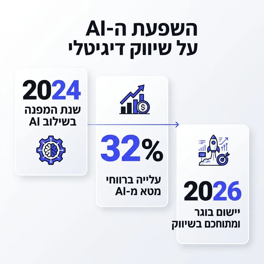 אינפוגרפיקה — השפעת ה-AI על שיווק דיגיטלי: עלייה ברווחי מטא מ-AI, שנת המפנה בשילוב AI, יישום בוגר ומתוחכם בשיווק