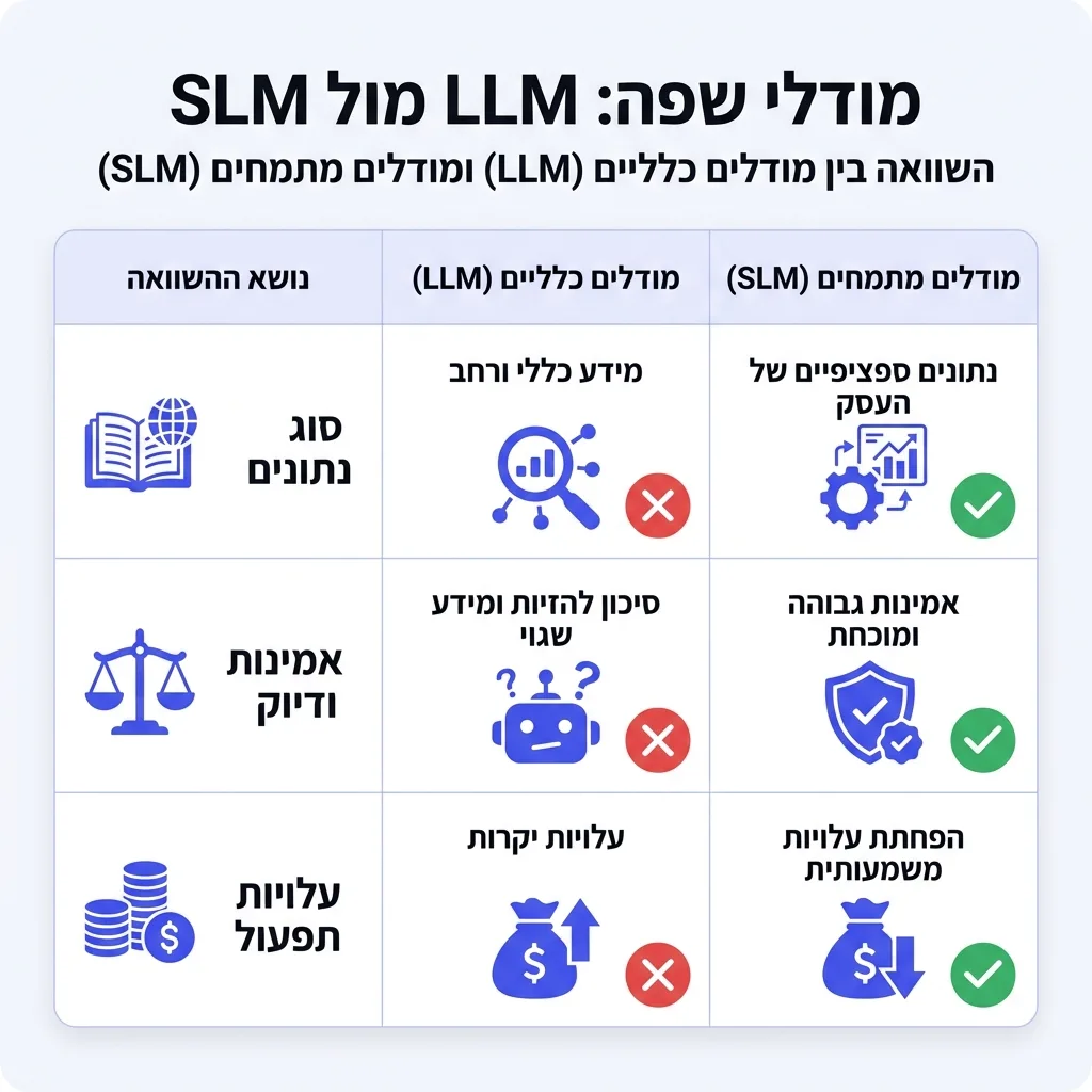 אינפוגרפיקה — מודלי שפה: LLM מול SLM: השוואה בין מודלים כלליים, מודלים מתמחים