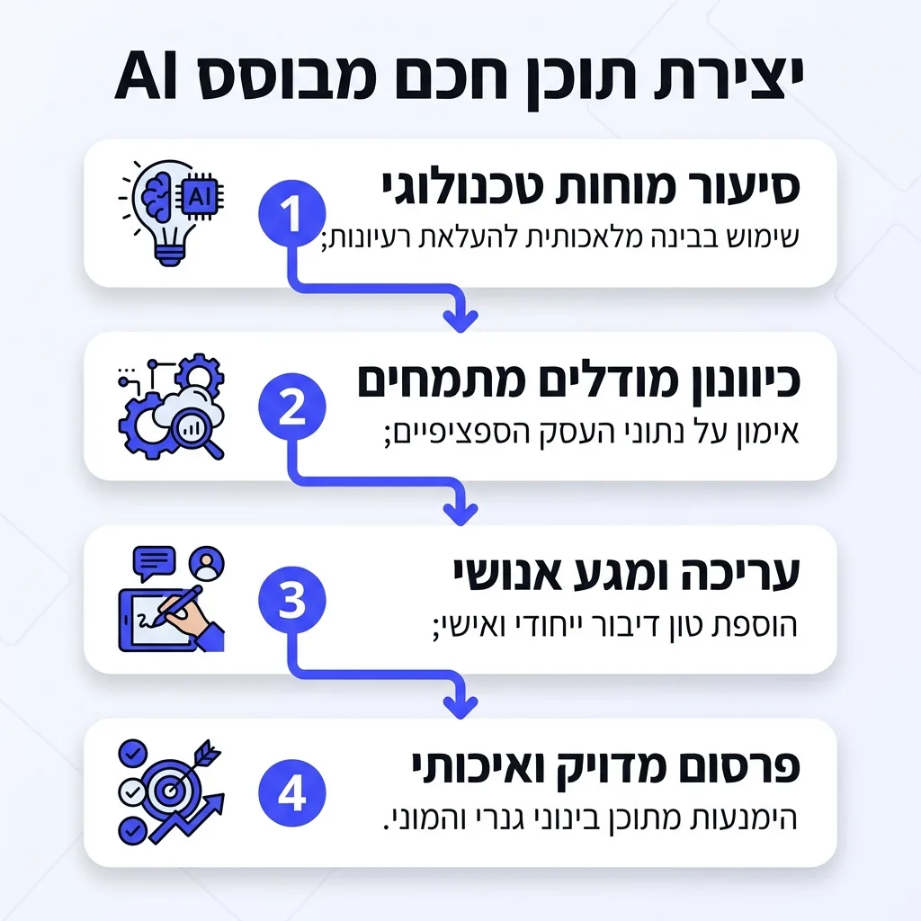 אינפוגרפיקה — יצירת תוכן חכם מבוסס AI: סיעור מוחות טכנולוגי, כיוונון מודלים מתמחים, עריכה ומגע אנושי, פרסום מדויק ואיכותי
