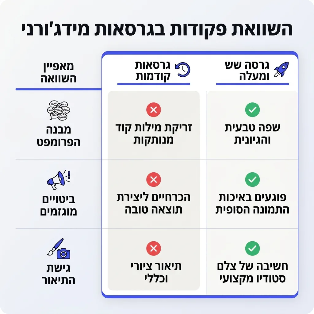 אינפוגרפיקה — השוואת פקודות בגרסאות מידג'ורני: השוואה בין גרסאות קודמות, גרסה שש ומעלה