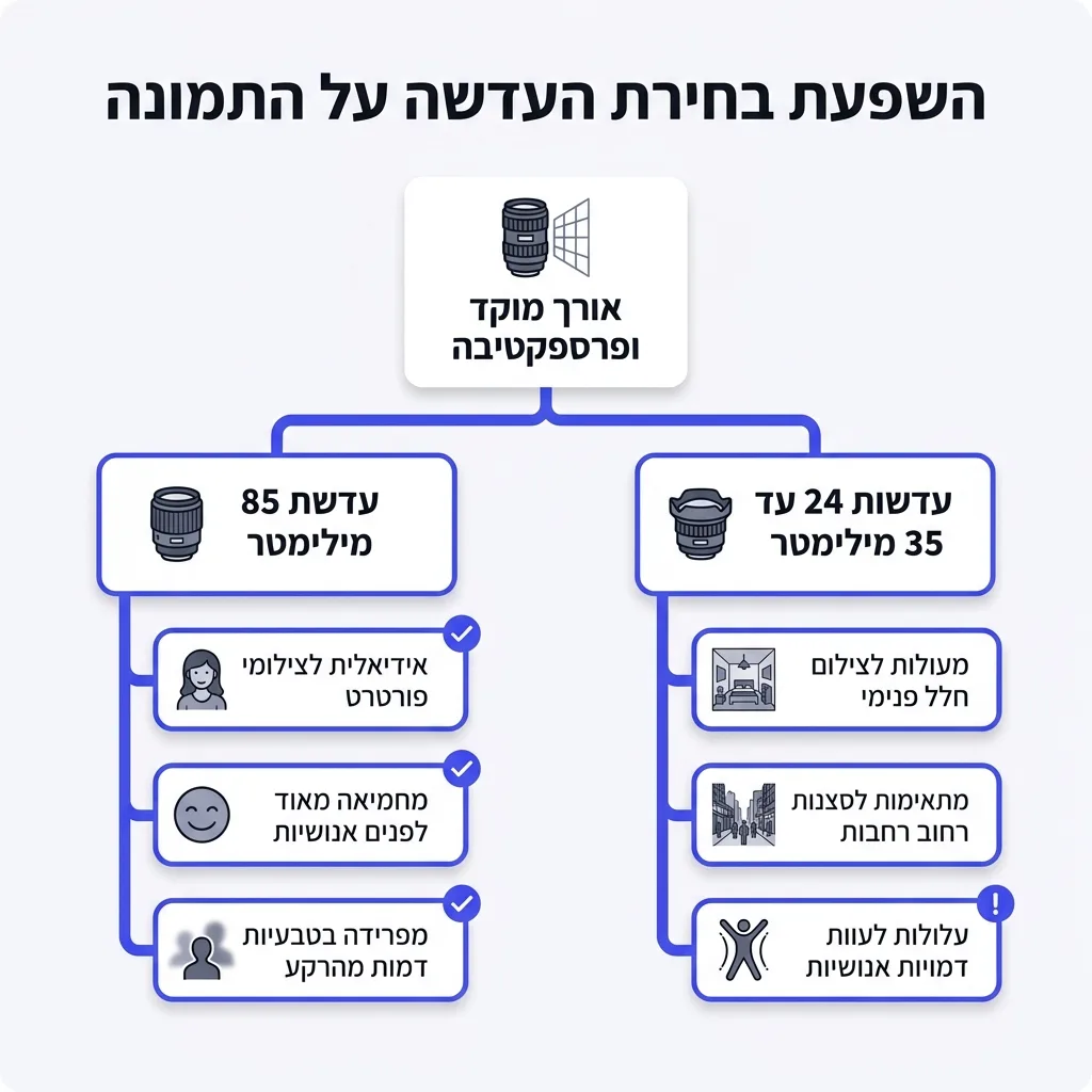אינפוגרפיקה — השפעת בחירת העדשה על התמונה: אורך מוקד ופרספקטיבה