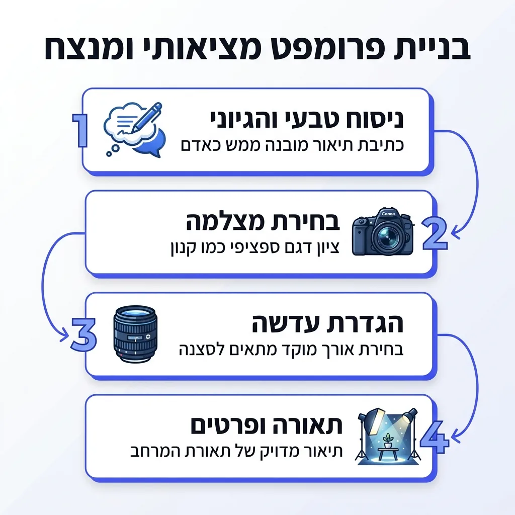 אינפוגרפיקה — בניית פרומפט מציאותי ומנצח: ניסוח טבעי והגיוני, בחירת מצלמה, הגדרת עדשה, תאורה ופרטים