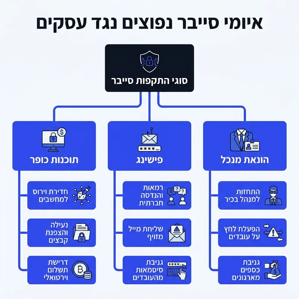 אינפוגרפיקה — איומי סייבר נפוצים נגד עסקים: סוגי התקפות סייבר