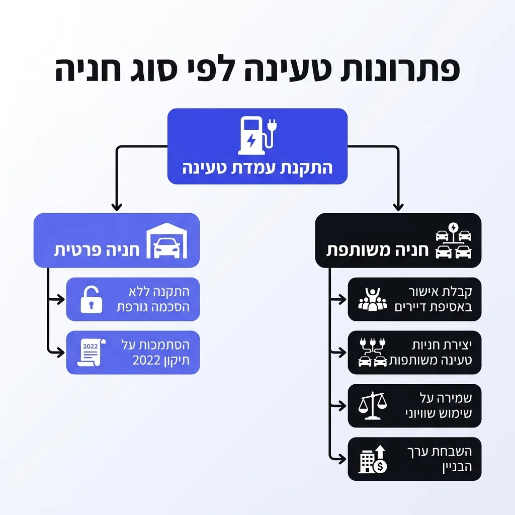 אינפוגרפיקה — פתרונות טעינה לפי סוג חניה: התקנת עמדת טעינה