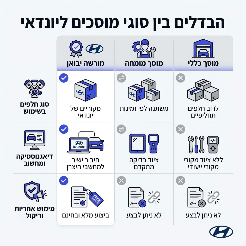 אינפוגרפיקה — הבדלים בין סוגי מוסכים ליונדאי: השוואה בין מורשה יבואן, מוסך מומחה, מוסך כללי