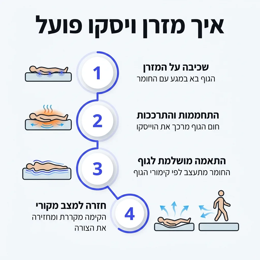 אינפוגרפיקה — איך מזרן ויסקו פועל: שכיבה על המזרן, התחממות והתרככות, התאמה מושלמת לגוף, חזרה למצב מקורי