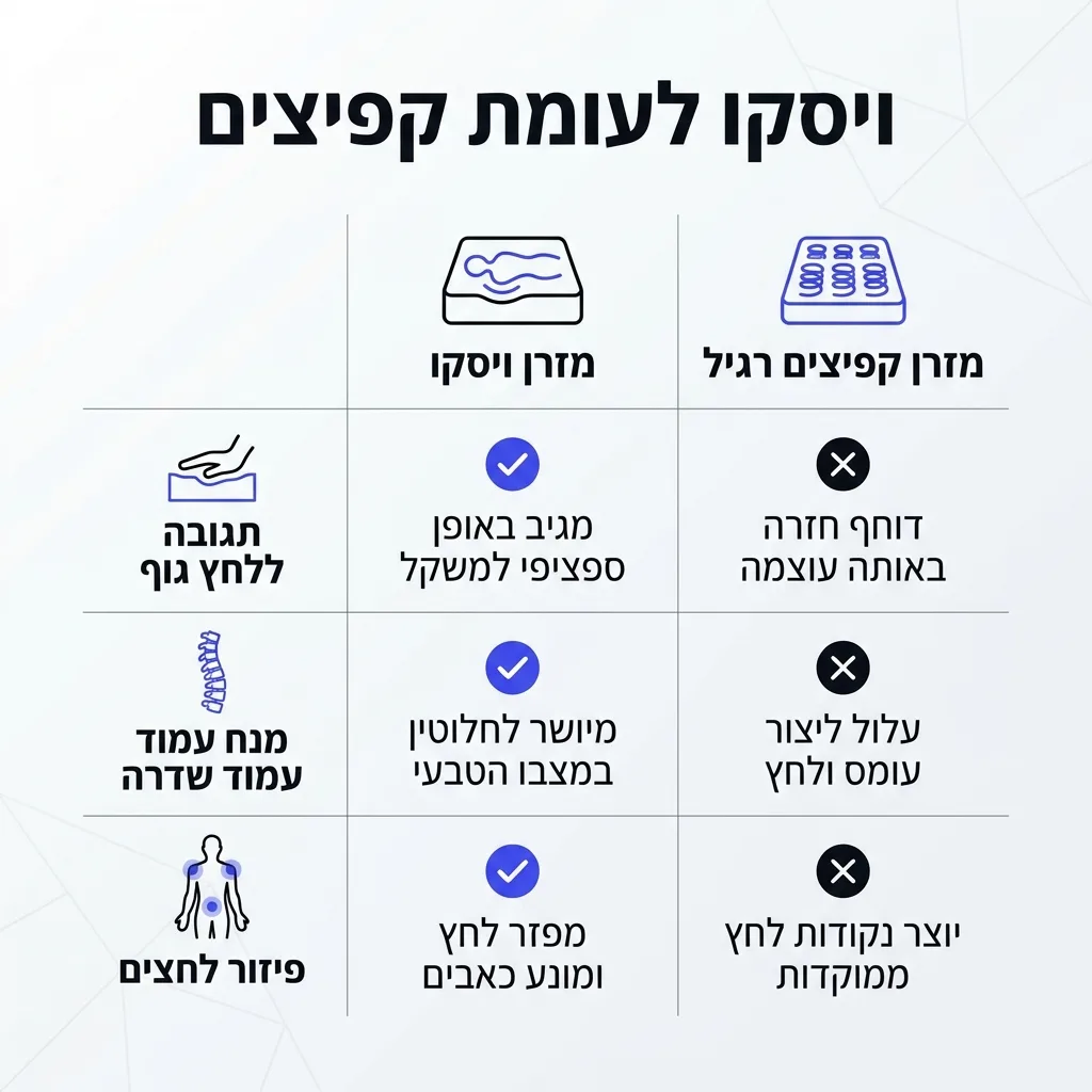 אינפוגרפיקה — ויסקו לעומת קפיצים: השוואה בין מזרן ויסקו, מזרן קפיצים רגיל