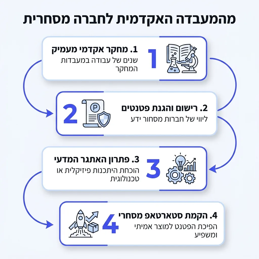 אינפוגרפיקה — מהמעבדה האקדמית לחברה מסחרית: מחקר אקדמי מעמיק, רישום והגנת פטנטים, פתרון האתגר המדעי, הקמת סטארטאפ מסחרי