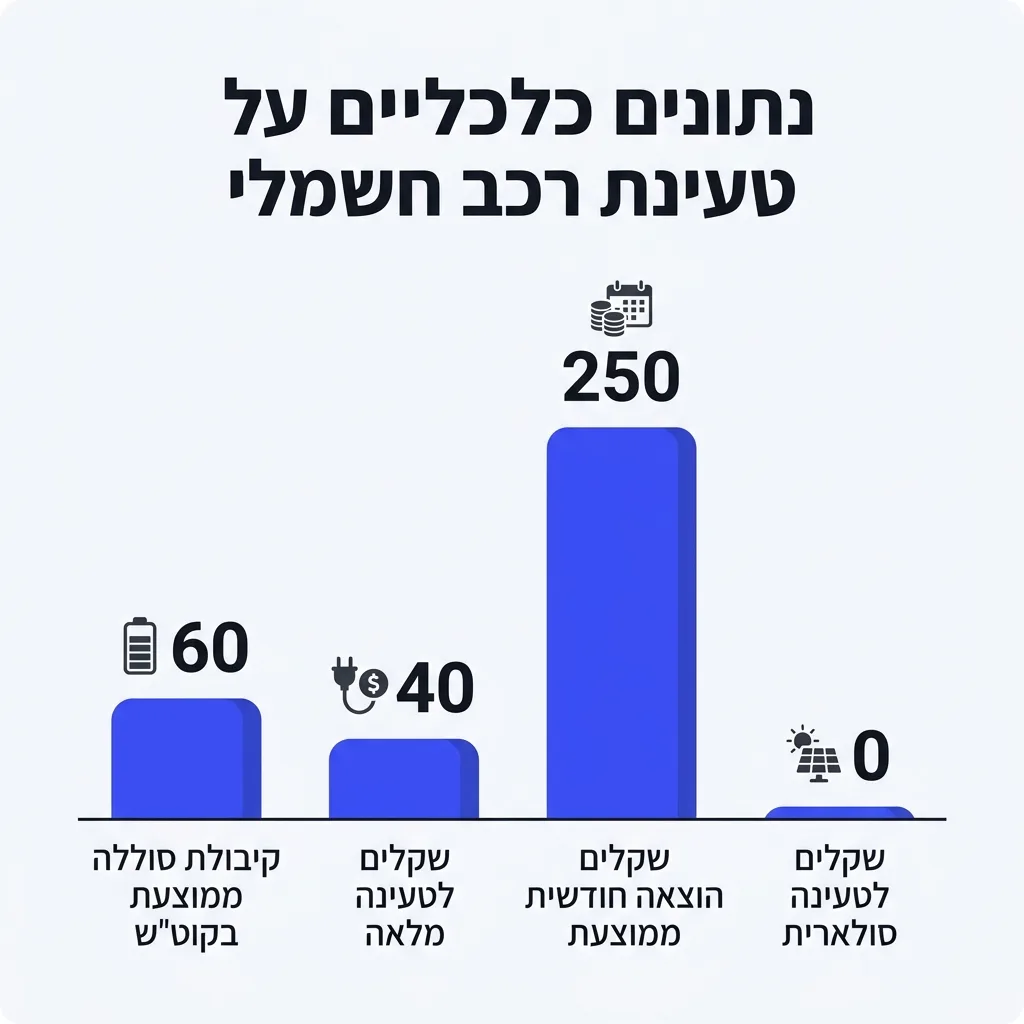 אינפוגרפיקה — נתונים כלכליים על טעינת רכב חשמלי: קיבולת סוללה ממוצעת בקוטש, שקלים לטעינה מלאה, שקלים הוצאה חודשית ממוצעת, שקל